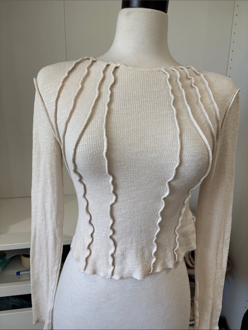 Cream Long-Sleeve Textured Ruffle-Trim Top